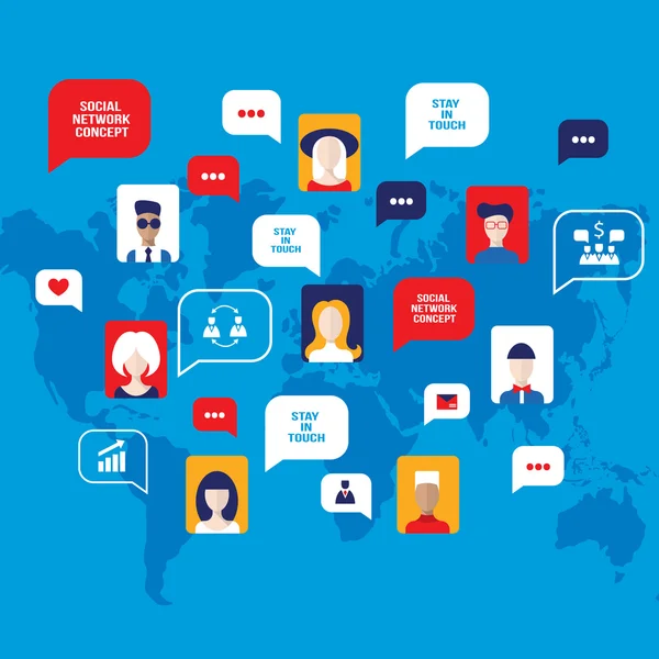 Social network concept People avatars with speech bubbles business icons for web on world map background — Stock vektor
