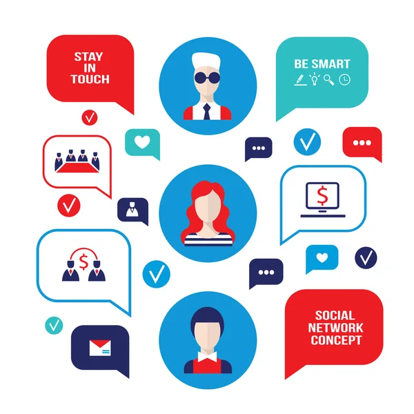 Conceito de rede social Pessoas avatares com bolhas de fala e ícones de negócios para web —  Vetores de Stock
