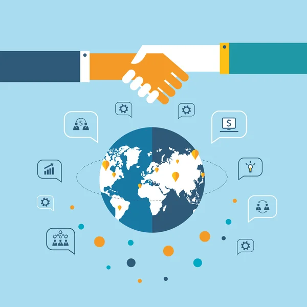 Handshake e ícones de negócios para web no fundo do mapa mundial Conceito de negócio bem sucedido — Vetor de Stock