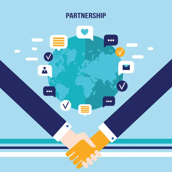 Handshake et icônes d'affaires pour le web sur fond de carte du monde Concept d'affaires réussi — Image vectorielle