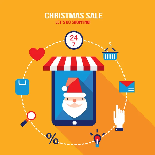 Tableta con Santa Claus en la pantalla e iconos web de compras — Vector de stock