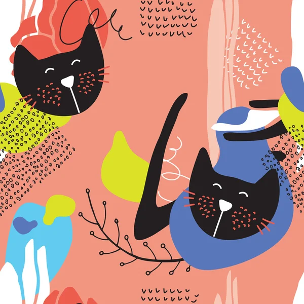 Hand getrokken abstracte naadloze achtergrondpatroon met schattige katten — Stockvector