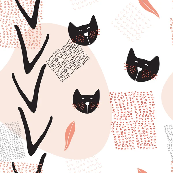 Χέρι συντάσσονται αφηρημένη ομοιογενές φόντο μοτίβο με χαριτωμένα γάτες — Διανυσματικό Αρχείο