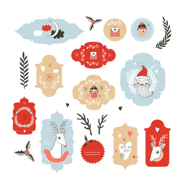 Collectie van Kerstmis Nieuwjaar Labels Hand getrokken leuke stijl — Stockvector