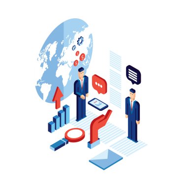 İşadamı izometrik insanlar başarılı iş iletişim teknoloji kavramı