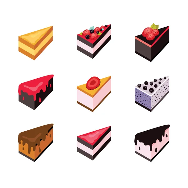 Set de tartas Isométrico diseño plano colección icono web Delicioso postre — Archivo Imágenes Vectoriales