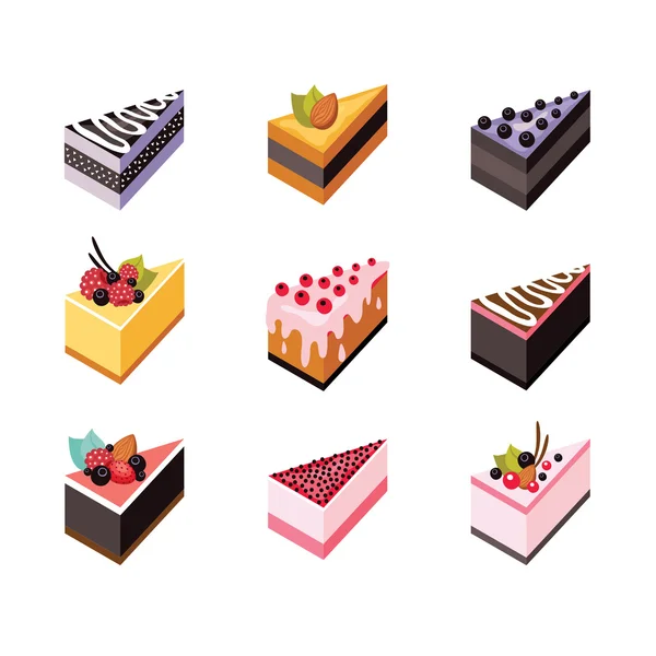 Kek lezzetli tatlı izometrik düz tasarım web Icon Koleksiyonu ayarla — Stok Vektör