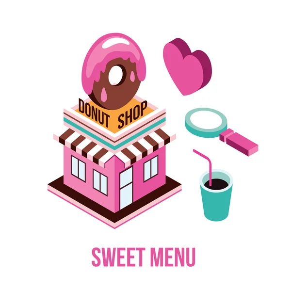 Donut shop Café amor Comida isométrica elemento infográfico conjunto — Vector de stock