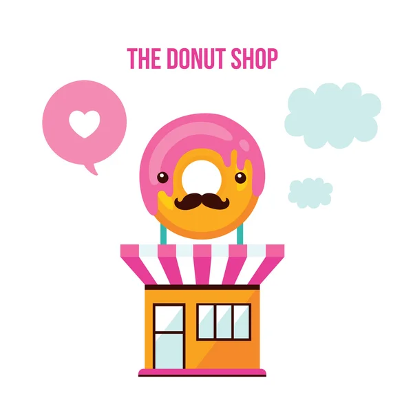 Linda tienda de donuts fachada Comida Delicioso postre moderno diseño plano — Vector de stock