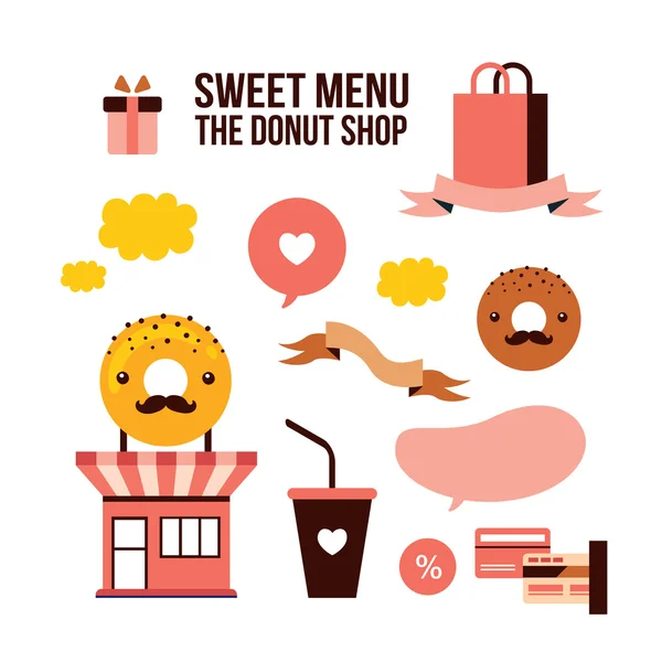 Dulce menú Delicioso postre Donut shop Juego de elementos de diseño de alimentos — Vector de stock