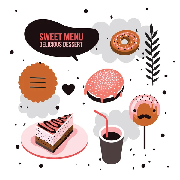 Deliciosos elementos de diseño de postres set Donut Cake taza de café piruleta — Vector de stock