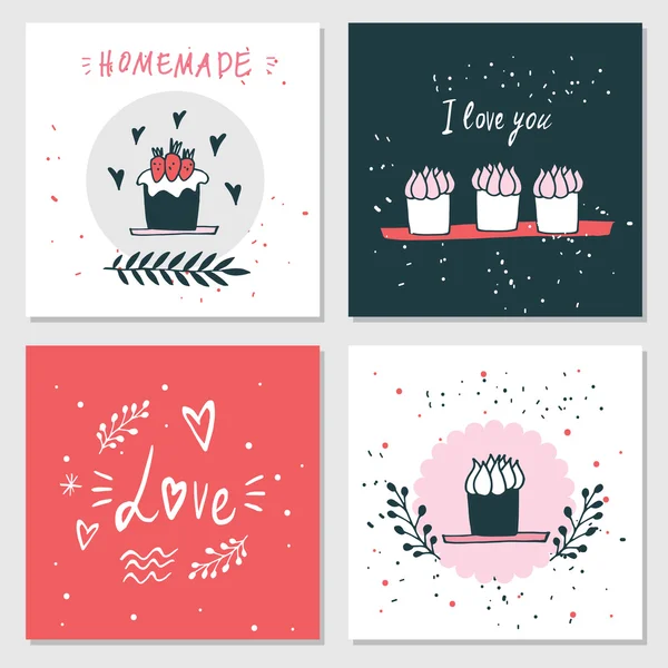 Cartões bonitos com letras de amor Dia dos Namorados Deliciosa sobremesa de comida —  Vetores de Stock