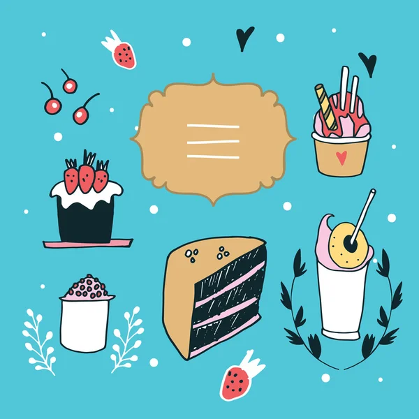 Elément de design dessiné à la main mis délicieux desserts alimentaires Belle étiquette — Image vectorielle