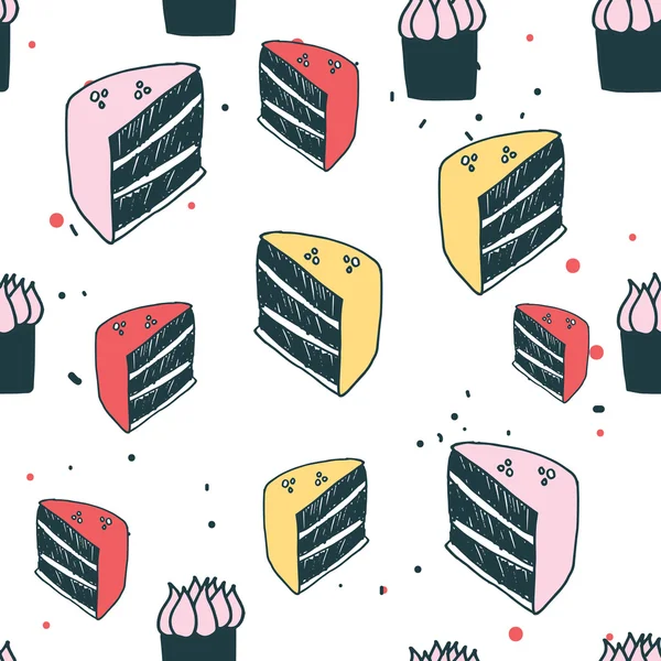 Piece of cake muffin dessert Delicious food seamless background pattern — Stock Vector