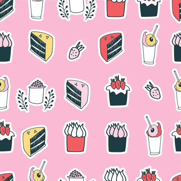 Cute food cake muffin cupcake strawberry delicious dessert seamless pattern — Stock Vector