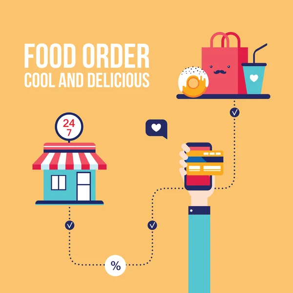 Commande alimentaire Achats en ligne e-commerce paiement mobile Entreprise prospère — Image vectorielle