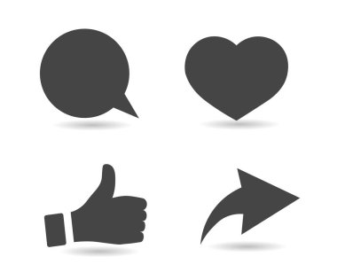 Sosyal medya simgeleri. Kalp, başparmak yukarı, sohbet balonu, repost oku. Beyaz arka planda bir dizi sembol. Sosyal ağlar. Vektör resmi.