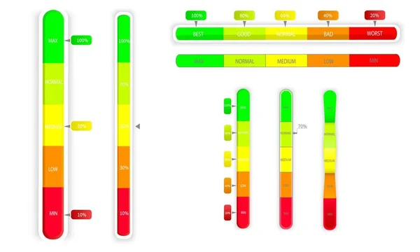 성능의 정도를 측정하기 척도들의 화살표가 차트를 적색낮고 녹색높은 — 스톡 벡터