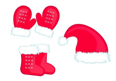 Set, Noel Baba 'nın kırmızı şapkası, eldivenler, keçeli kalemler, beyaz kürklü çoraplar. Mutlu Noeller. Çizgi film tarzında neşeli vektör illüstrasyonu beyaz arka plan.