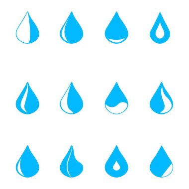 İkonlar. Bir damla su, farklı şekillerde, mavi. Düz damlalar. Logo şablonu. Düz çizim. Vektör resmi