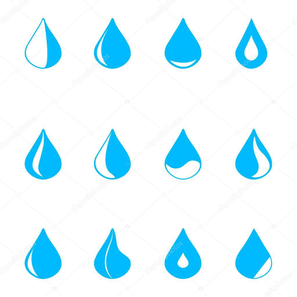Set of icons. A drop of water, different shapes, blue. flat drops logo. Template for logos. Flat illustration.Vector image