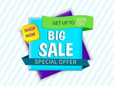 Vektör pankartı. Büyük satış etiketi,% 50 indirim, özel sınırlı teklif. Süper, mega anlaşma. Şablon, modern promosyon etiketi. Reklam mesajı, uygun fiyat.