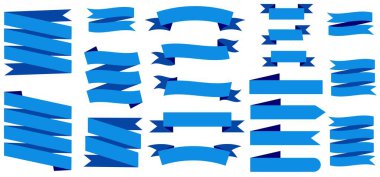 Mavi kurdeleler, afişler. Boş bayraklar koleksiyonu, etiketler. Satış promosyonu için Baner. Tasarım şablonu. Sınır boyunca kestirme yol etiketleri. Eski model. Ticari etiketler. Vektör illüstrasyonu