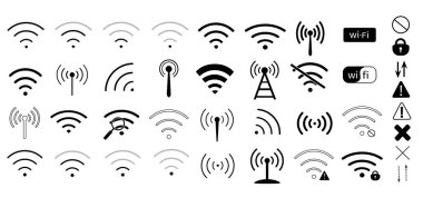 Wi-Fi ağı. Vektör simgeleri kümesi. Kablosuz internet. Beyaz arkaplanda izole işaretler var. İletişim konsepti. Modern teknolojiler