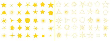 Parlayan parlak yıldızların ikonları. Parıldayan yıldızlar şeklinde bir sembol koleksiyonu. Parıltı, parıltı, bayram ve Noel için havai fişek efekti. Sarı, altın vuruşlar.