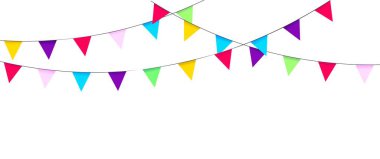 Bayraklı çelenk. Tatil tasarımı ve dekorasyonu. Doğum günü, karnaval, parti, festival. Üçgen flama. Dekoratif renkli elementler. Vektör illüstrasyonu.