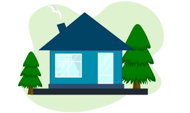 Çatısı olan bir bina. Ön cephe, ön manzara. Modern bir ev, konut, kulübe. Kır evinde ağaçlarla çevrili bir bahçe, özel mülk. Çizgi film biçimi vektör illüstrasyonu.