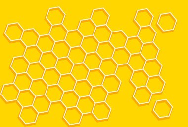 Bal peteği, sarı arka plan. Altıgen dokusu Geometrik Desen Doğal Arı Bal Kavramı Düz Tasarım Vektör Çizimi. Altın hücreler, çizgi film tarzında bal petekleri. Tasarım için mozaik şekil.