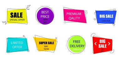 Satış, özel teklif,% 50 indirim. Bir dizi reklam rozeti, çıkartma, etiket. Hızlı nakliye. Yüksek kalite. Sınırlı zaman satışı. Perakende işi promosyonu. Vektör illüstrasyonu.