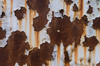 Grunge paslanmış metal doku, pas ve oksitlenmiş metal paslı lekeler ve çatlaklarla boyanmış çelik, soyut çürümüş demir duvar kağıdı, Çernobil 'de radyoaktif atık