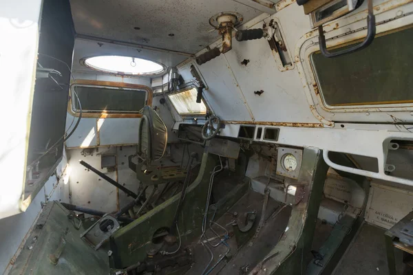 Inside cabin of abandoned truck, Rossokha radioactive vehicles graveyard in Chernobyl, Exclusion Zone, Ukraine
