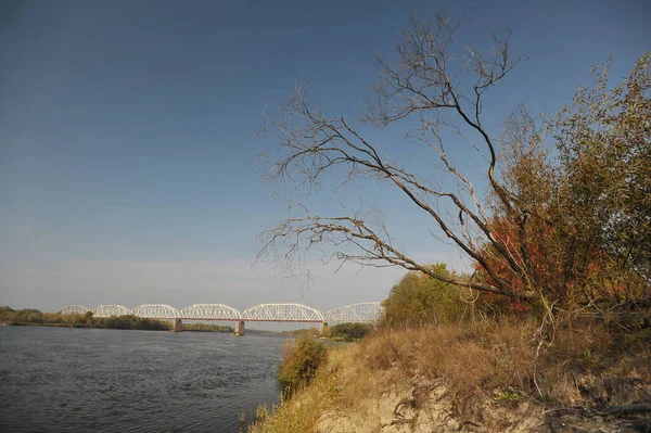 Stahlbrücke Über Den Fluss Pripjat Blick Von Der Küste Herbstsaison — Stockfoto