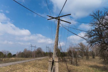 Terk edilmiş Starosillya köyündeki eski sütun, kıyamet sonrası manzara, ilkbahar mevsimi Çernobil Yasaklama Bölgesi, Ukrayna