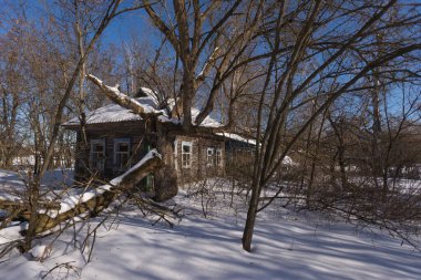 Terk edilmiş Koshivka köyü, kıyamet sonrası manzara, Çernobil 'de kış mevsimi yasaklama bölgesi, Ukrayna