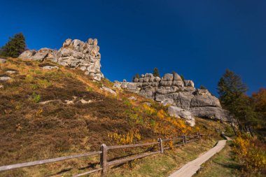 Tustan Kalesi, arkeolojik ve doğal anıt, Eski Rus, Ukrayna, Karpatya dağlarının kalıntıları. Sonbahar güneşli bir günde Tustan Milli Parkı 'nda patika