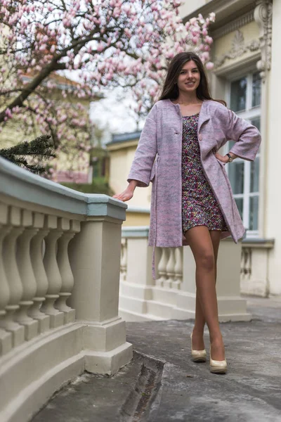 Pastel ceketli, çiçekli elbisesi olan, pembe çiçekli manolya ağacı olan güzel bir kız. Genç Avrupalı esmer kadın portresi mimari arka planda, bahar mevsimi, çiçek açan teras. Bahar kıyafetleri giyiyor.