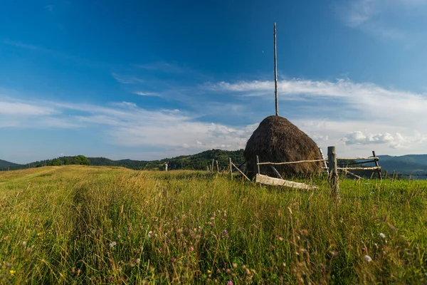 Kraj Letni Wiejski Krajobraz Wsi Sianem Pole Błękitne Niebo Bukowina — Zdjęcie stockowe