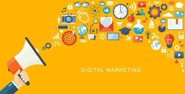 Dijital marketiing düz esnaf. El hoparlör ve simge