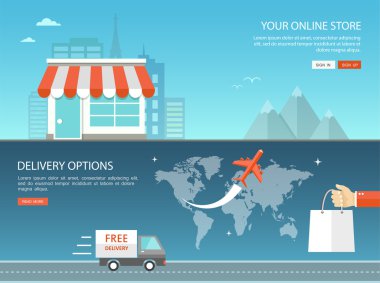 Online alışveriş ve teslim seçenekleri düz afiş