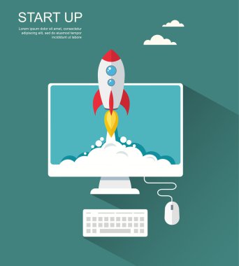 Uzay gemisi ile düz illüstrasyon. Başlamak yukarıya