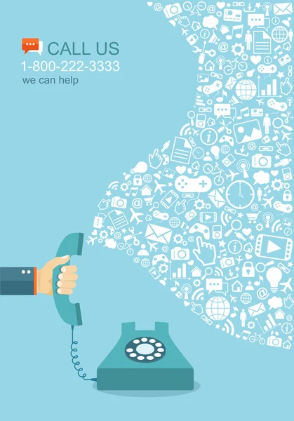 Flache Illustration eines Handyhalters mit Symbolen. kontaktieren Sie uns. — Stockvektor