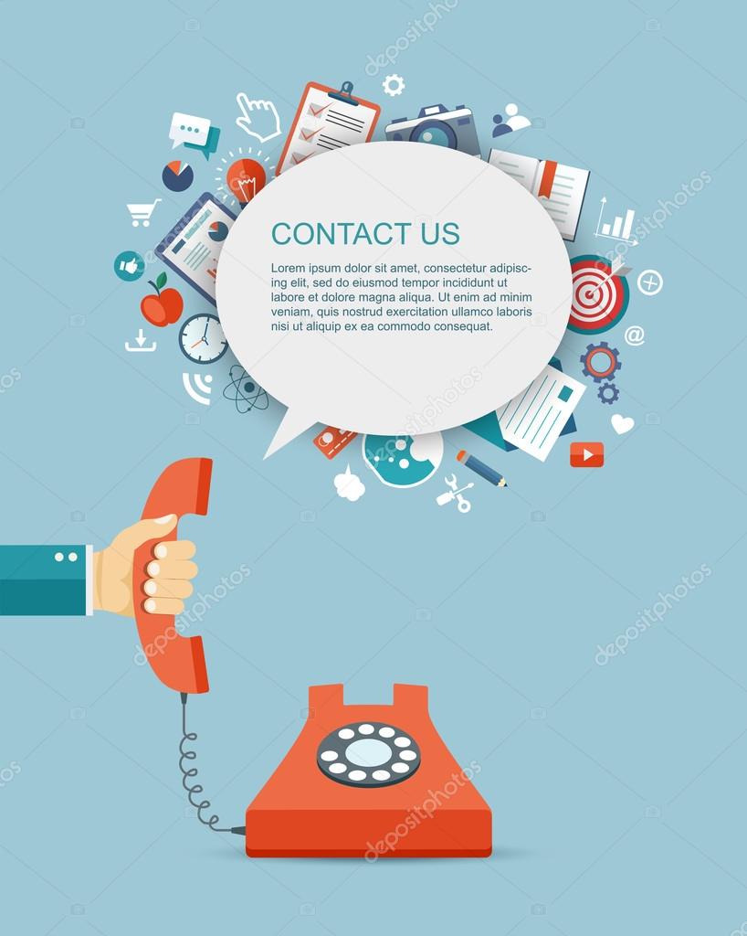 Flat illustration of hand holding phone with icons. Contact us.