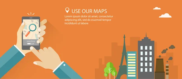 Banner plano. Mapa de anuncios de aplicación. Manos con teléfono y ciudad atrás — Vector de stock