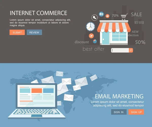 Düz afiş kümesi. Internet ticaret ve e-posta illustrati pazarlama