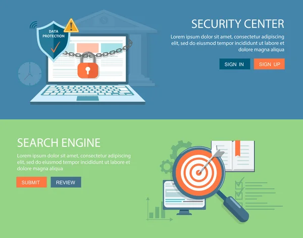 フラットのバナーを設定します。セキュリティ センターと検索エンジンの図 — ストックベクタ
