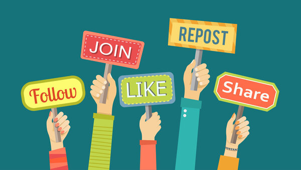 Flat banner of hands holding signs with social activities